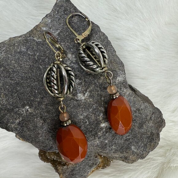 Silver Tone Ball w/ Brown Bead Dangle & Drop Pierced Earrings - Picture 2 of 9